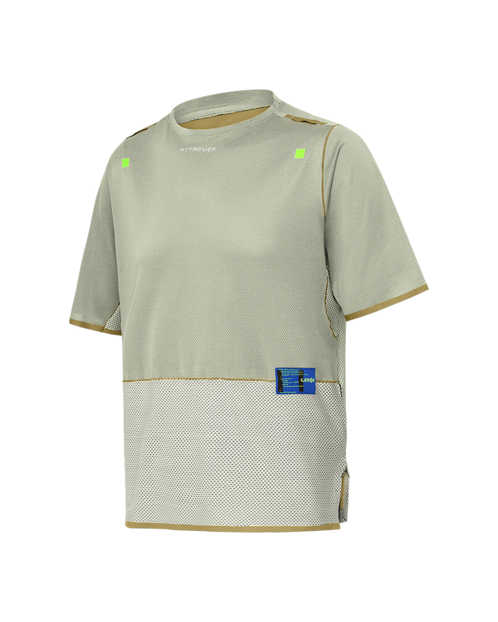 Short-sleeved tech tee in sand colour by Attaquer, showcasing its design features. pdp-hide