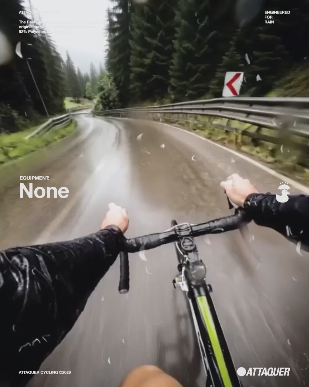 Rider POV comparing no cap, a standard tech cap and the Attaquer Rain Cap in heavy rain